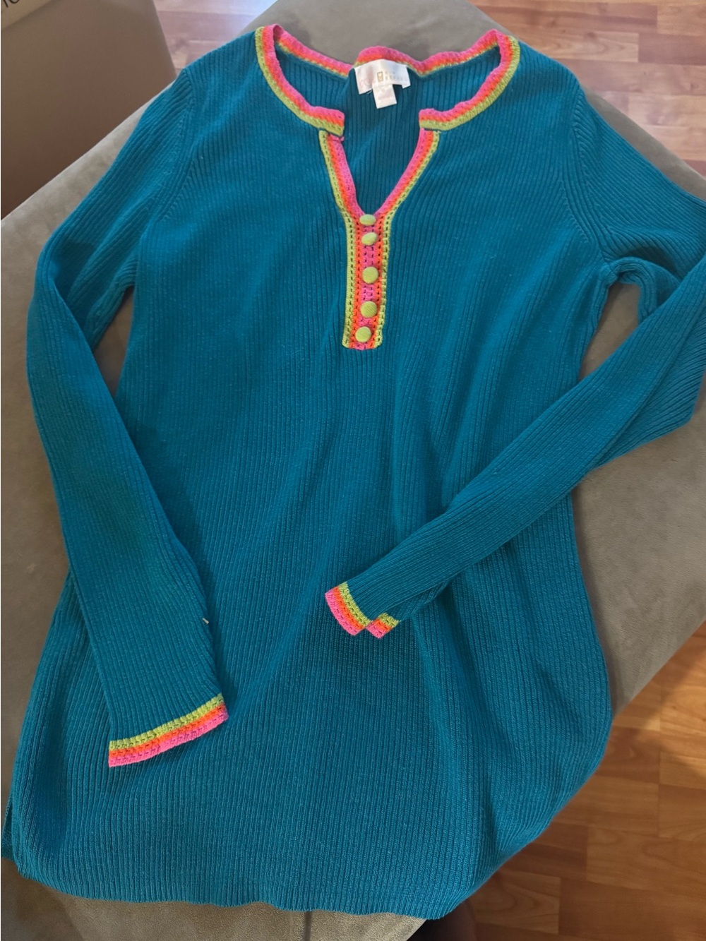 Belle by Kim Gravel Teal V-Neck Sweater with Pink and Lime Trim